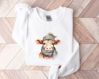 Cozy Farm Life Sweatshirt with Cow and Scarf - Western Ranch Style