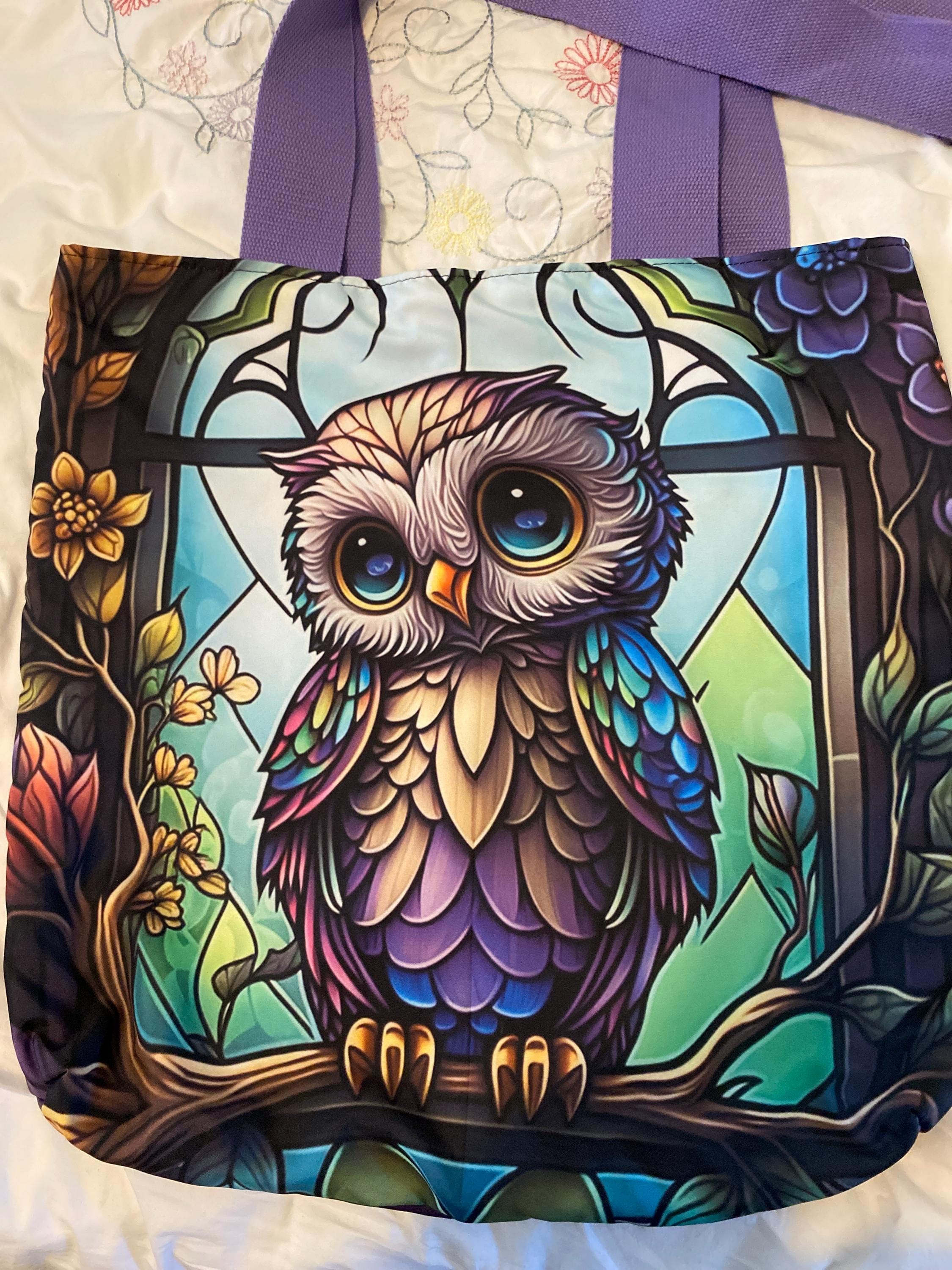 Whimsical Owl Tote Bag - Stained Glass Style Reusable Shopping or fashion tote - SOLD