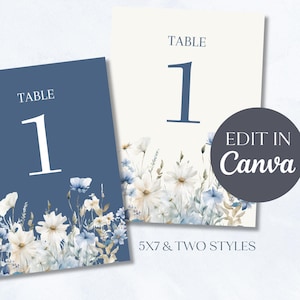 Digital Blue Table Numbers Template | Blue Floral Table Numbers | Light Blue Table Numbers | Cream Table Numbers | Printable 5x7 Signs