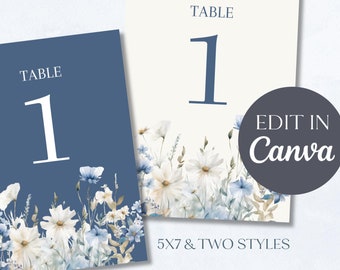Digital Blue Table Numbers Template | Blue Floral Table Numbers | Light Blue Table Numbers | Cream Table Numbers | Printable 5x7 Signs