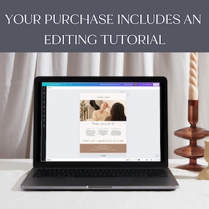 May include: A laptop displays a webpage with the text "Therapy services for all." The screen shows a woman with another person. The text "Your purchase includes an editing tutorial" is at the top. A candle and decorative vases are on the table.