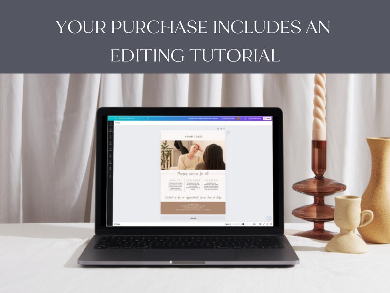 May include: A laptop displays a webpage with the text "Therapy services for all." The screen shows a woman with another person. The text "Your purchase includes an editing tutorial" is at the top. A candle and decorative vases are on the table.