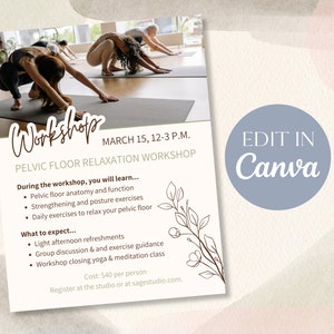 Puede incluir: Un folleto para un taller de relajación del suelo pélvico el 15 de marzo de 12 a 3 PM. El folleto presenta a un grupo de personas haciendo poses de yoga e incluye detalles sobre el taller, como el costo y cómo registrarse.