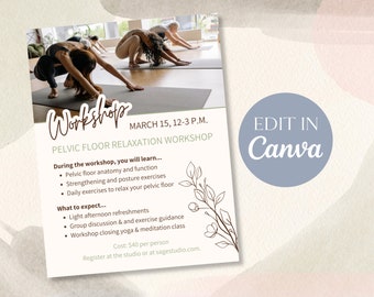 Mall för yogaworkshop-flyer | Mall för modern yogaflyer | Flyer för yogaklass | Marknadsföring för yogalärare | DIY Canva-mall med handledning