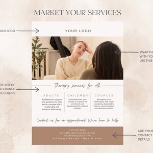 May include: A promotional flyer with a beige and brown color scheme. The flyer includes the text "MARKET YOUR SERVICES" and "Therapy services for all". It features a photo of two people and sections for adults, children, and couples.