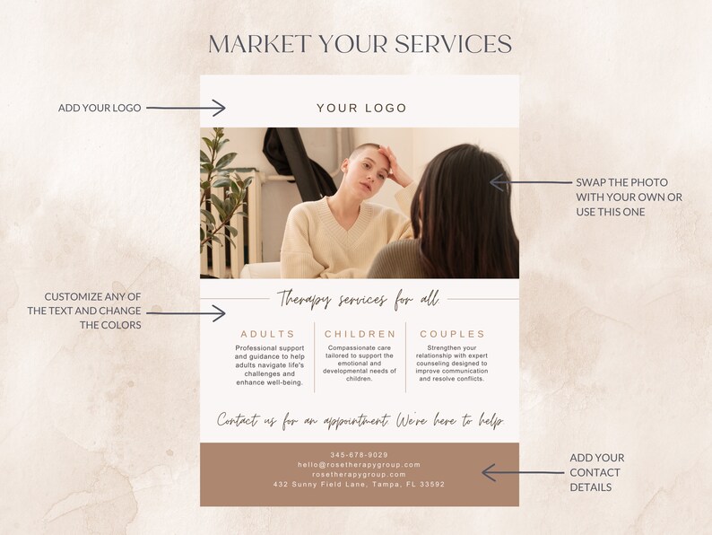 May include: A promotional flyer with a beige and brown color scheme. The flyer includes the text "MARKET YOUR SERVICES" and "Therapy services for all". It features a photo of two people and sections for adults, children, and couples.