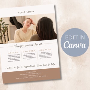 Puede incluir: Un folleto publicitario de servicios de terapia, con una foto de dos personas. El texto "Servicios de terapia para todos" se destaca, junto con información de contacto.