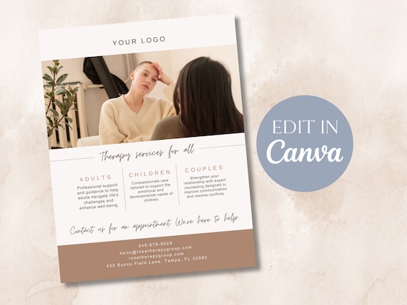 Therapist Flyer Template | Mental Health Practice Flyer | Counseling Flyer | Therapist Template | Canva Template | Business Services Flyer