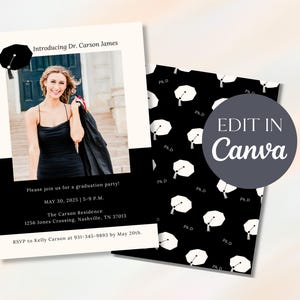 Modèle Canva de faire-part ou d'invitation à l'obtention du diplôme de doctorat | de 5 x 7 pouces de carte d'invitation pour l'obtention du diplôme de doctorat | Modèle numérique de remise des diplômes