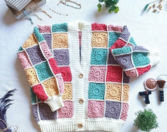 Colorful patchwork crochet buttoned cardigan - Handmade