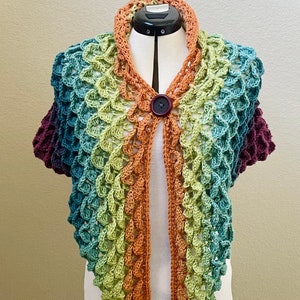handmade crochet rainbow ombre shawl with vintage button