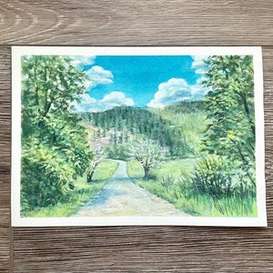 Landscape original artwork scenery of forest and mountain hill with watercolor and gouache hand painted by artist