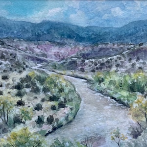 Original watercolor gouache landscape painting of scenic autumn trees and mountains