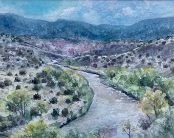 Original watercolor gouache landscape painting of scenic autumn trees and mountains