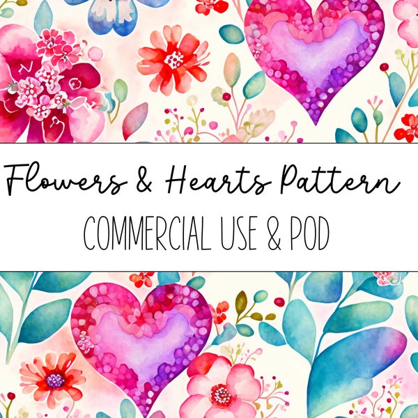 Digital Watercolor Floral Pattern | Hearts and Flowers | Digital Art for Illustration, Background, Graphic, Print | Commercial and POD use