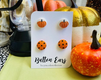 Pumpkin Earrings Halloween Cover Button Earrings Seasonal Fabric Stud Earrings Round Handmade Jewelry Halloween Fabric Covered Jewelry