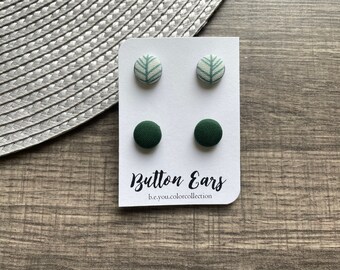 Fabric Stud Earrings Floral Green Cover Button Studs Round Handmade Jewelry Gifts For Her Green Accessory Fabric Earrings for Her