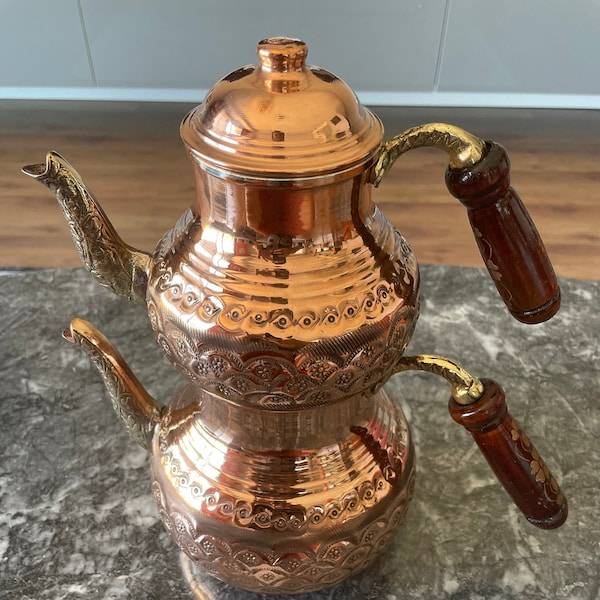 Handgemachte Kupferteekanne, gehämmertes Design türkischer Teamaker, Kupferkessel-Teekanne Holzgriff, 2-teiliges Teekannenset, Geschenk zum Muttertag