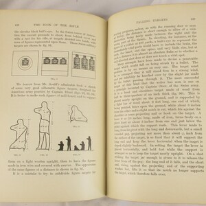 May include: An open book displaying text and illustrations on rifles and falling targets. Diagrams show target designs and construction. The pages are aged, with a visible binding.