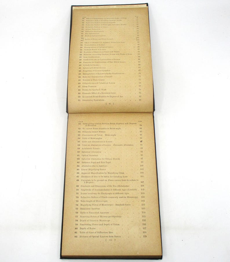 Peut inclure: Un livre vintage avec une couverture en cuir marron et des pages jaunies. Le livre est ouvert sur une table des mati&egrave;res avec des entr&eacute;es num&eacute;rot&eacute;es pour des sujets li&eacute;s &agrave; l'optique et &agrave; la vision.
