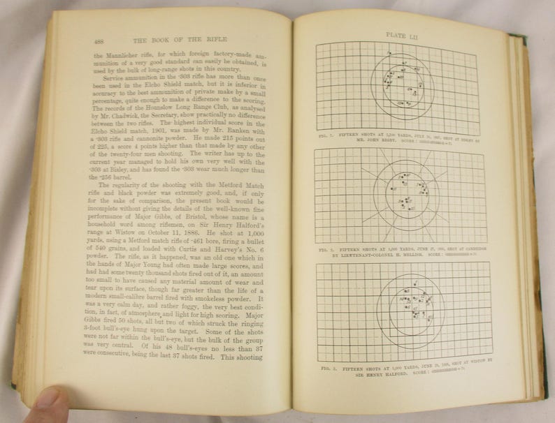 May include: An antique book, open to a double-page spread. The left page has text, including the title "THE BOOK OF THE RIFLE." The right page shows three diagrams with concentric circles and data points, possibly for ballistics.