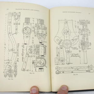 May include: A black and white illustration of a machine drawing and design. The drawing shows a valve-rod link gear and a triple expansion engine. The drawing includes measurements in inches.