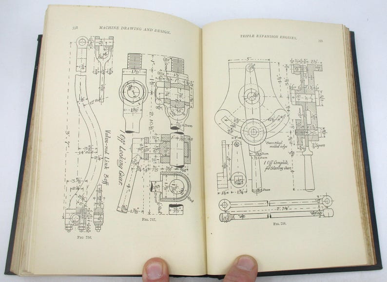 May include: A black and white illustration of a machine drawing and design. The drawing shows a valve-rod link gear and a triple expansion engine. The drawing includes measurements in inches.