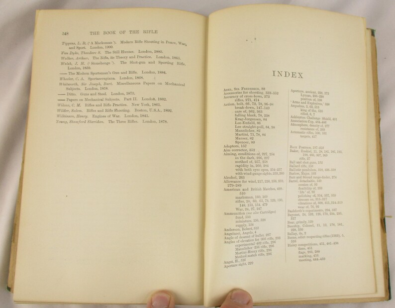 May include: An open book with aged, off-white pages. The left page lists titles under "THE BOOK OF THE RIFLE." The right page shows an index with various entries. The book is held open by two hands.