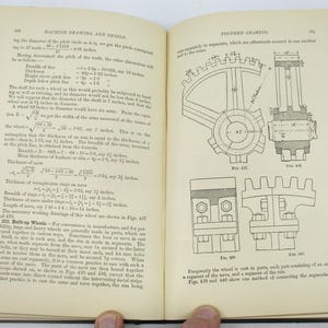 May include: A page from a book about machine drawing and design, showing illustrations of toothed gearing. The text describes the process of calculating the dimensions of the gears and the different parts of the gear.