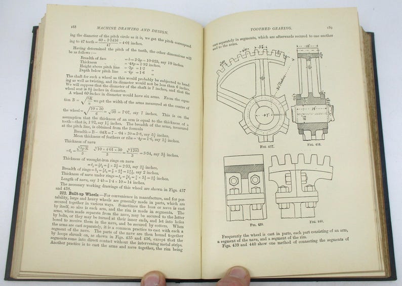 May include: A page from a book about machine drawing and design, showing illustrations of toothed gearing. The text describes the process of calculating the dimensions of the gears and the different parts of the gear.