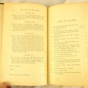 May include: An open book with aged, yellow pages, titled "THE BOOK OF THE RIFLE." The left page lists chapters, the right page a "LIST OF PLATES." The text is black, with a vintage appearance.