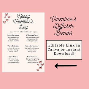 Könnte beinhalten: Eine rosa, druckbare Rezeptkarte für Valentinstags-Diffuser-Mischungen mit dem Text "Frohe Valentinstage" und "Valentinstags-Diffuser-Mischungen". Die Karte listet vier verschiedene Diffuser-Mischungen mit Namen wie "Süße Serenade", "Warme Umarmung", "Liebestrank" und "Reine Romantik" auf. Jede Mischung listet die ätherischen Öle und die Anzahl der Tropfen auf, die für jede benötigt werden.