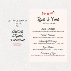 Könnte beinhalten: Ein druckbarer digitaler Download mit rosa Hintergrund und einer Liste von Diffusor-Mischungen mit dem Titel "Love & Oils". Die Mischungen umfassen "Sweet Serenade", "Warm Embrace", "Heavenly Harmony", "Love Potion" und "Whispers of Love". Jede Mischung listet die ätherischen Öle und die Anzahl der Tropfen auf, die für jede benötigt werden.