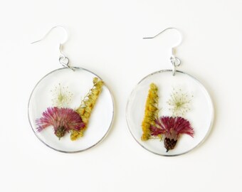 Large Resin Pressed Flower clear Round earrings - Queen Anne's Lace, ironweed, goldenrod Cottagecore