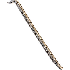 May include: A long, thin, silver-colored metal rod with a decorative pattern of triangles. The rod is bent at one end and has a small hook.
