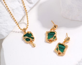 Malachite Earrings & Necklace Set | 925 Sterling Silver Natural Malachite 18K Gold Plated pendant necklace