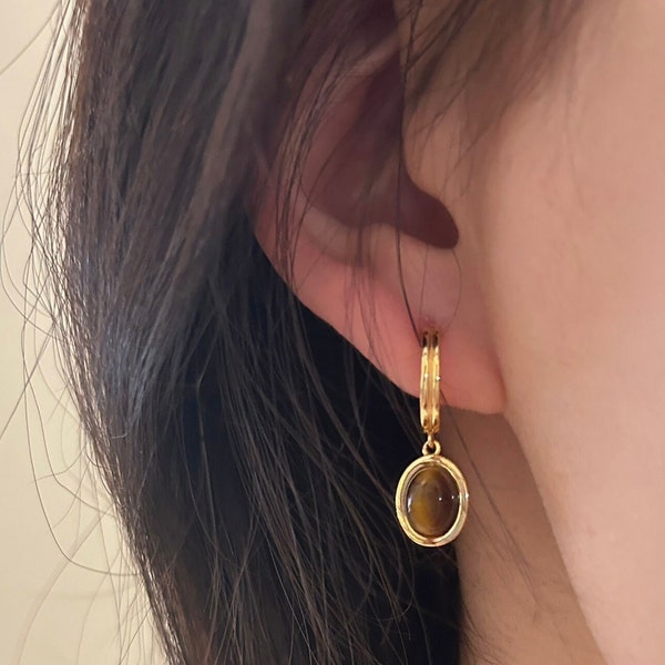 Tiger eye dangle earrings gold, Boho Earring With Natural Tiger-Eye Gemstone Earring, Jewelry gift for her