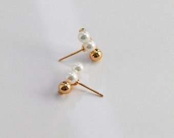 Golden Pearl Stud Earrings，Champagne Gold Plated 925 Silver Earrings, Pearls Wedding Stud Earrings