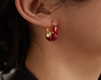 S925 Silver Red Hoop Earrings, Vintage Style Spiral Earrings, Red Earrings for Anniversary Earrings as gift for her, Celebration earrings