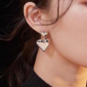 Sterling silver heart drop earrings | Heart Huggie Drop Earrings, Dainty Heart Charm Hoop Earring, Heart Stud Earrings