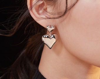 Sterling silver heart drop earrings | Heart Huggie Drop Earrings, Dainty Heart Charm Hoop Earring, Heart Stud Earrings
