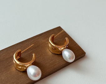 Sterling Silver Natural Baroque Pearl Dangle & Drop Gold Earrings , Freshwater Irregular Pearls Wedding Hoop Earrings