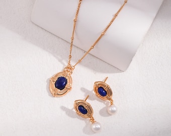 Light retro palace style Jewelry Set, natural lapis lazuli Earrings, Sterling Silver Lapis Lazuli Pearl Earrings/necklace as Christmas gift
