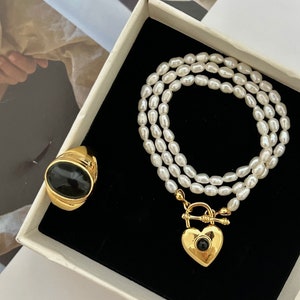 Silver & Pearl Necklace ｜Black Onyx Heart Necklace ｜OT Buckle