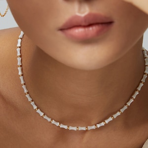 Natural Stone Bamboo Beaded Necklace, S925 Silver White Jade Bamboo Slub Stone Necklace, Natural Bamboo gemstone Necklace
