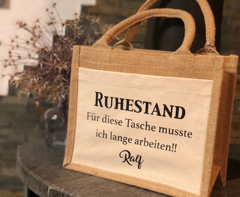 Jute Tasche / Geschenkverpackung Rente Ruhestand Kollegin Deko Abschied Abschiedsgeschenk Kollege Kleinigkeit Rentner Rentnerin Bild 4