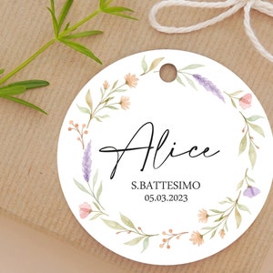 Set 20 Tag tondi - Battesimo con delicati disegni acquarellati floreali bimba
