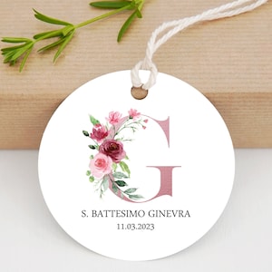 Set di 20 Tag tonda - Etichetta Battesimo con lettera rosa floreale - Bimba - Cerimonia - Bomboniere