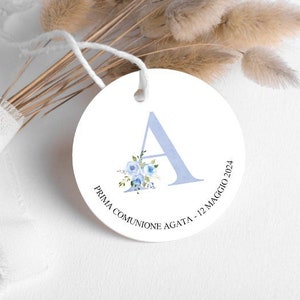 Set di 20 Tag tondi - Etichetta Battesimo con azzurra floreale - Bimbo - Cerimonia - Bomboniere - Cresima - Comunione