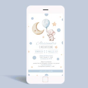 Invito Digitale Battesimo - Animaletto - Elefantina - Bambino - Elegante - Azzurro - Acquarello